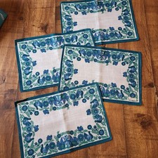 4 x Linen vintage fabric placemats, teal, folk floral, birds. Made In Ireland 
