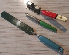 3 Vintage Kitchen Utensils Pallette  Knife, Corer, Knife Sharpener Skyline