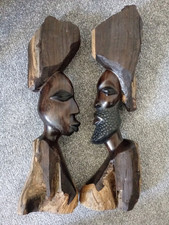 Pair of Vintage African Carved Head Sculpture Ebony Wood