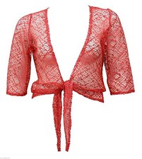LADIES NEW 3/4 SLEEVE LACE SHRUG / TIES BOLERO PARTY BLACK CERISE RED