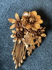 Gold Floral Bouquet Brooch Large Vintage Tassels attributed to Miriam Haskell