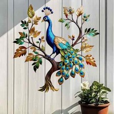 2D VIBRANT PEACOCK TREE METAL WALL ART SCULPTURE HOME GARDEN WALL FENCE