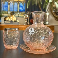 Vintage Pink Floral Depression Glass Bedside Carafe Tumble-Up Set w/ Underplate