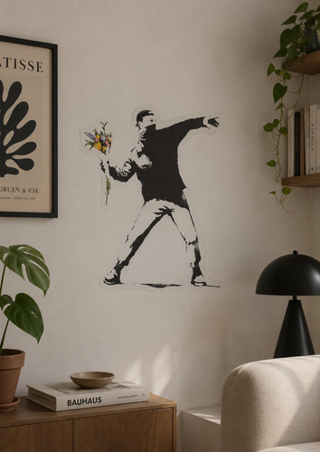 Banksy riot sticker wall - banksy, art