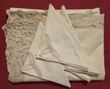 Vintage Linen Tablecloth & 8 Napkins Set, Large 7 ft x 55" Embroidered Lace