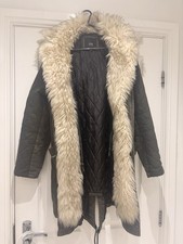RIVER ISLAND Green Women's Fur Trim Parka Coat Size 10