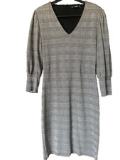Mango Business  Grey Check Herringbone style knee length dress v neck size M 
