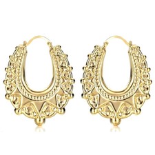Medium Gold 18K GF Long Gypsy Creole Earrings Hoops Romany Ladies Women Filled