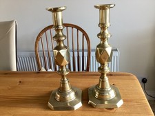 Antique Pair of Brass Candlesticks Queen of Diamonds over 100 years old h