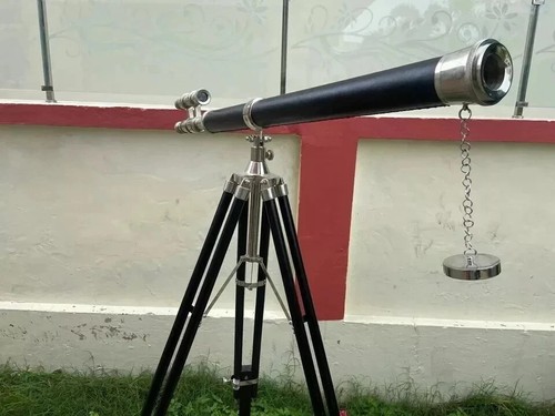 Brass black leather telescope - brass,