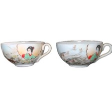 Antique Japanese Eggshell Porcelain Tea Cups x2 Hand Painted Geisha & Bird Scene