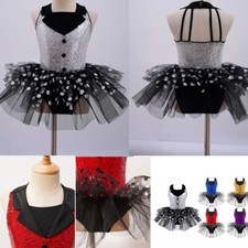 Kids Girls Sparkle Sequins Tuxedo Leotard Ballet Jazz Dance Tutu Dress Party UK