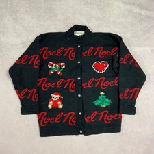 Vintage Christmas Cardigan Noel Candy Cain And Tree Patterned Knit Women S L