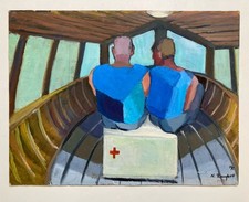Vintage Oil Painting 1988 2 Men In A Boat Signed On Board See Photos 