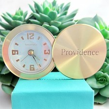TIFFANY & CO. Swiss Made Brass Swivel Travel Alarm Clock Quartz, Providence Etch