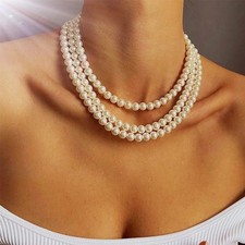 3 Layers Pearl Imitation White Cream Simple Handmade Strand Bead Necklace Women