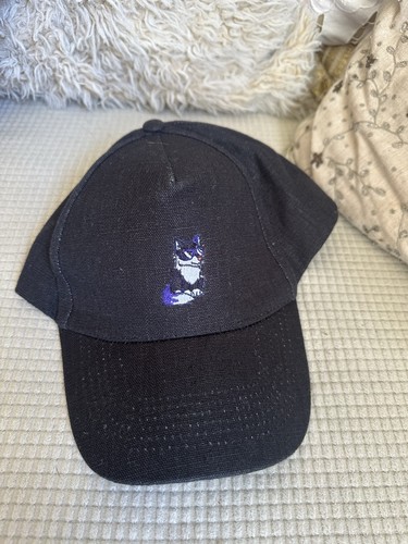 Black hemp cap cat embroidery - black,