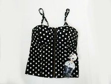 Black & White Polka Dots Print Zip Front Straps Sweetheart Bustier Corset Top,XS