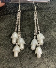 Fashion Women 925 silver hook Alex Polizzi style Faux Bell Pearls Long Earrings