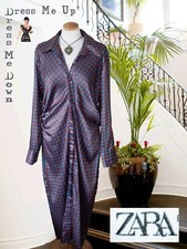 Zara Blue Rust Satin Dress Geometric pattern Ruched Sides BNWOT Size XL