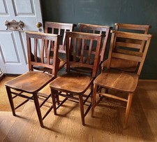 Set Of 6 Antique Victorian Beech & Elm Chapel Chairs 