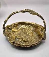 Small Old Vintage Antique Solid Brass Floral Basket Ornament - Peerage England