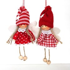 Set x2 Scandi Red/White Spot/Check Fairies Christmas Decorations Gisela Graham