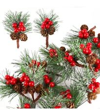 16pcs Artificial Pine Picks – Christmas Decor with Red Berries & Cones