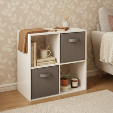 4 Cube Storage Unit with 2 Woven Baskets | White Bookcase Cabinet 60×30×60 cm