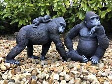 Gorilla Primate and Cub + Male Silverback Gorilla Statue Ornament Set.