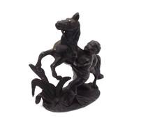Miniature Cast Spelter Metal Model of a Black Marly Horse Sculpture Cherub Groom