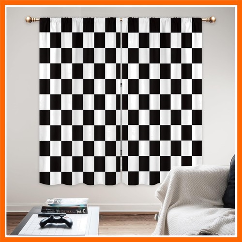 Black white checkered curtains - white,