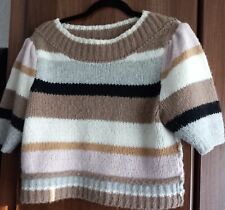 Free People Womens Jumper Large Pink Grey Short Sleeves Knit Foxy Stripe Sweater