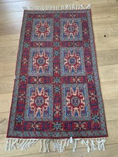 Kashmir Chain Stitch Hand Made Rug Red Blue 63”x32” Home Decor