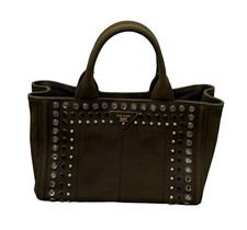 Prada Women's Canapa Tote Bijou Studs Canvas Khaki Green Designer Hand Bag
