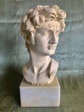 Vintage Sculpture Bust of Michelangelo’s David on White Marble Base Italy