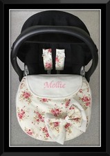 DITSY FLORAL CREAM CAR SEAT FITTED APRON HARNESS COVERS PADDED BOW PERSONALISE 