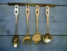 Vintage Antique Brass Kitchen Utensils Hook Rack Spoons Fork Ladle Kitchenalia