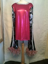 Drag Queen Pink SHORT dress with long open sleeves, Pink  feathers 16/18