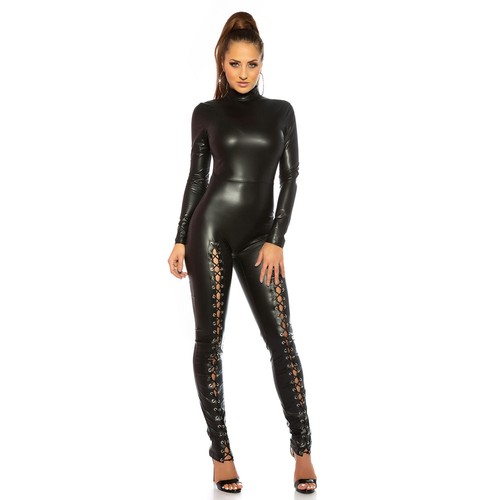 Leather look catsuit - with, lace