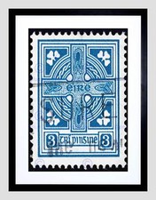 POSTAGE STAMP IRELAND VINTAGE CELTIC CROS BLACK FRAMED ART PRINT B12X8758