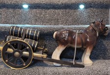 Large Vintage Horse & Wooden Carriage Cart Barrels Brass Wheels