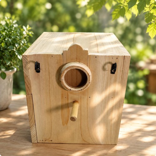 Wooden parrot house with - parrot,