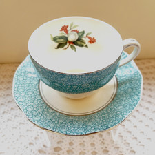 Antique 1950s WEDGWOOD Bone China Tea Cup & Saucer Turquoise  GARDEN Design RARE