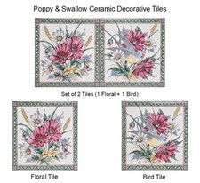 Poppy & Swallow Ceramic Tiles 15cm x 15cm Decorative Victorian Style Floral Bird