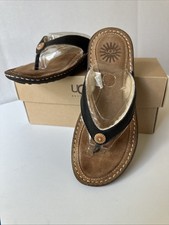 UGG Women /HAMOA w/Black  1791 Flip Flops Sheepskin Lined Slip On Leather NICE!