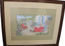 FINE INTERESTING SURREAL TYPE VINTAGE WATERCOLOUR - GOUACHE OF 2 CATS IN GARDEN