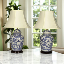 Pair of Chinese Tall Jar Table Lamps with Shades - Blue Dragons - 60cm