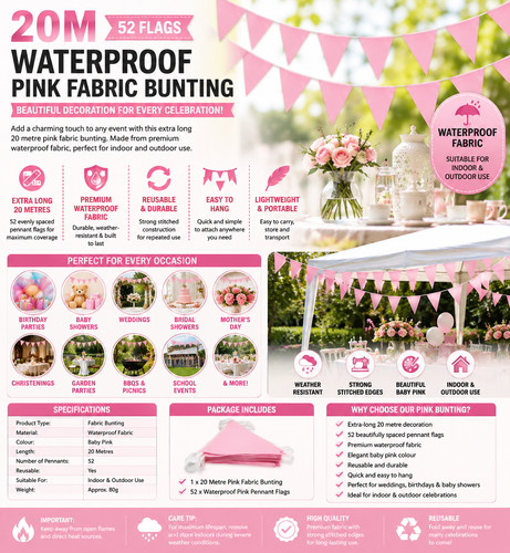 20m 52pcs bright pink bunting - 20m,