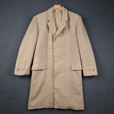 Vintage HARRIS TWEED Coat Mens M Brown Long Overcoat Wool Herringbone Collared